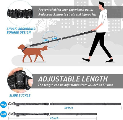 Hotsky Tactical Dog Leash Heavy Duty for Medium Large Dogs that Pull,4-6Ft Strong Bungee Shock Absorbing No Pull Dog Leash with Padded Double Handle and Car Seatbelt,Reflective Black