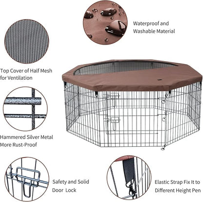 NEZUC Foldable Metal Dog Exercise Playpen Gate Fence Dog Crate 8 Panels 24 Inch Height Puppy Kennels with Top Cover/Bottom Pad for Animals Outdoor Indoor (Playpen+Top Cover, Brown, 24" H)