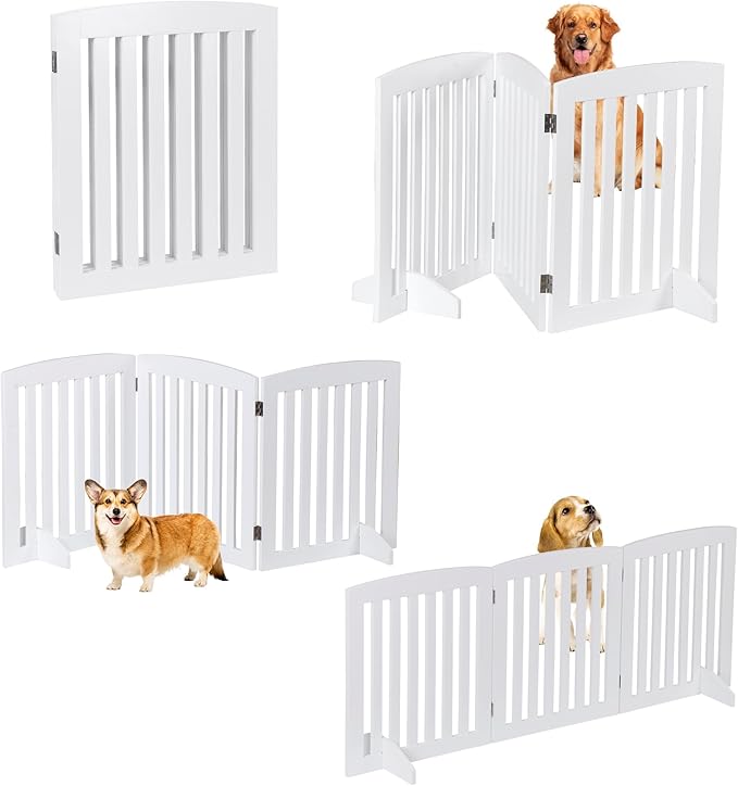 Dog Gate 61 x 24 Inch Freestanding Indoor Pet Door for House Doorways Stairs Halls, Foldable Wood Safety Fence 3 Panels, White