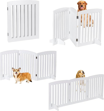 Dog Gate 61 x 24 Inch Freestanding Indoor Pet Door for House Doorways Stairs Halls, Foldable Wood Safety Fence 3 Panels, White