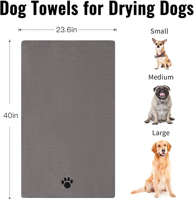 Puomue 3 Pack Microfiber Dog Towels for Drying Dogs, Super Absorbent and Soft Pet Grooming Towel, 40 Inch X 23.6 Inch, Perfect Dog Drying Towels for Large, Medium or Small Dogs, Grey