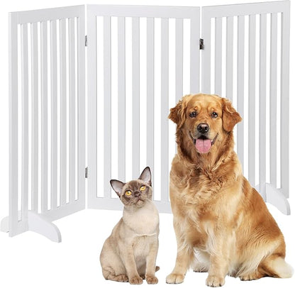 Freestanding Pet Dog Gate 36 Inch Foldable Fence Indoor 3 Panel Extra Wide Wooden Dog Door for Stairs Hallways Doorways
