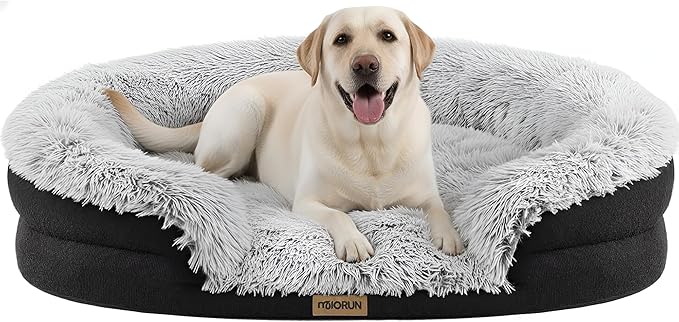 Fluffy Orthopedic Jumbo Dog Bed for Extra Large Dogs, Calming Plush Sofa Bed with Curved Bolster Support, 48" Cozy Oval Pet Donut Bed with Washable Cover, Gray