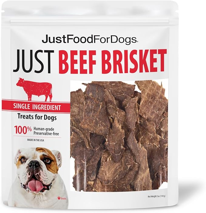 JustFoodForDogs Single Ingredient Healthy Dog Treats and Dog Snacks, Jerky Treats, Human Grade, Preservative and Grain Free, Rawhide Free Chews, Low Calorie Treat - Beef Brisket, 5 oz
