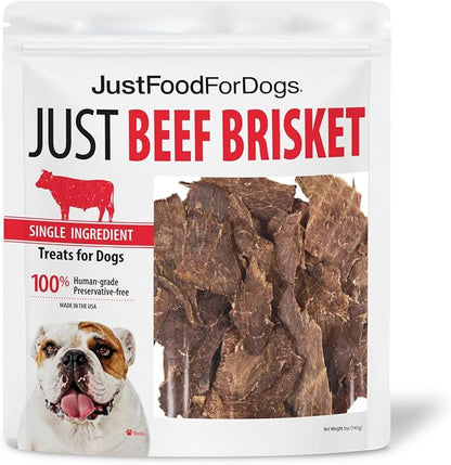 JustFoodForDogs Single Ingredient Healthy Dog Treats and Dog Snacks, Jerky Treats, Human Grade, Preservative and Grain Free, Rawhide Free Chews, Low Calorie Treat - Beef Brisket, 5 oz