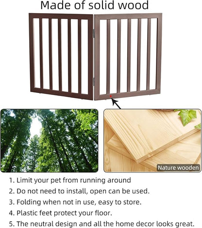 ZJSF Freestanding Indoor Dog Gate for House Foldable Wood Brown Puppy Gate for Doorways Pet Gate for Stairs Extra Wide Pet Fence 24" Height 2 Panels