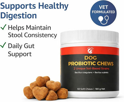 Dog Probiotic Chews for Digestive Support – 2 Billion CFU – Bacillus Coagulans & Subtilis – Supports Gut Health & Stool Quality – for Sensitive Stomachs – Salmon Flavor – 60 Soft Chews