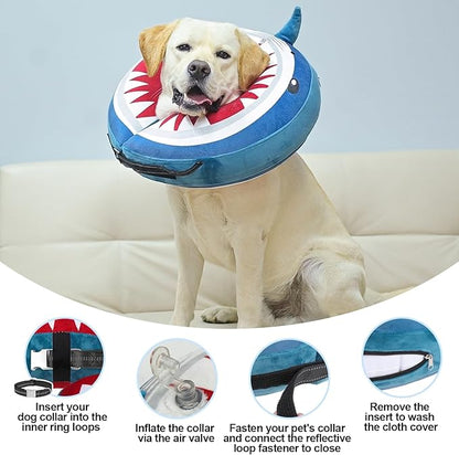 BEAUTYZOO Dog Cone Alternative After Surgery for Large Medium Small Dogs, Soft Inflatable Cone Collar for Dogs Cats, Dog Neck Donut E Collar Recovery Collar to Stop Licking, Shark Blue S