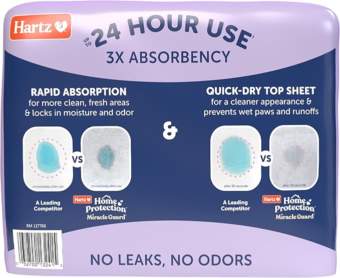 Hartz Miracle Guard Dog and Puppy Dog Pads Max Absorbency 24 Hour Use Odor Eliminating Lavender Scented No Leaks, 3XL Size 20 Count