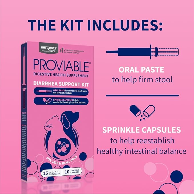 Nutramax Proviable Probiotics for Small Dogs and Cats, Diarrhea Support Kit, Digestive Health Supplement with Multiple Strains of Bacteria, Plus Prebiotics, Kaolin and Pectin, 15 ml Paste and 10 Capsules