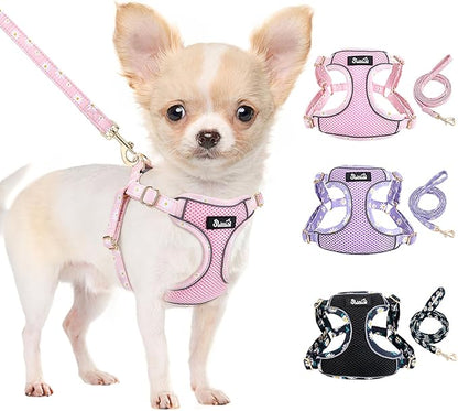 Lukovee No Pull Puppy Harness and Leash Set - Soft Lightweight Escape Proof Puppy Vest Harness, Breathable Adjustable Pet Harness with Dog Leash for Small Dogs (Pink, XS)