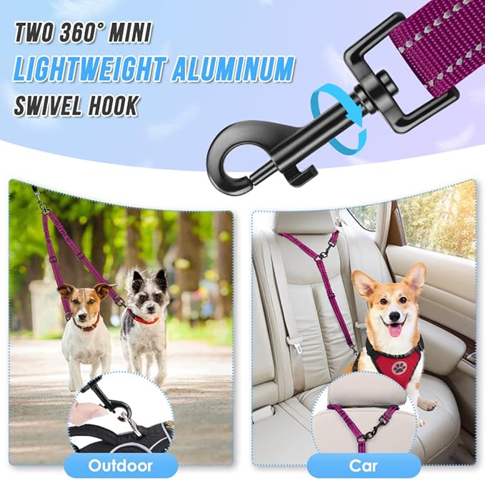 AUTOWT Double Dog Leash, No Tangle 360°Swivel Rotation Reflective Lead Attachment Adjustable Length Dual Two Dogs Lead Splitter, Comfortable Shock Absorbing Walking Training for 2 Dogs
