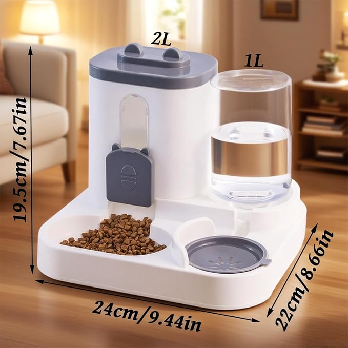 Gravity Cat Feeder and Water Dispenser, 2 in 1 Automatic Cat Feeder, 2 Pack Large Capacity Self Feeding for Small Medium Dog Puppy Kitten （Grey）