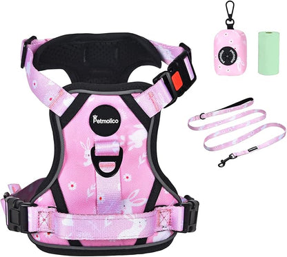 Petmolico No Pull Dog Harness Set with Leash Attachment Easy Control Handle Reflective Harness Vest Small Breed, Puppy Vest and Leash Set with Poop Bag Holder, Small - Pink Rabbit