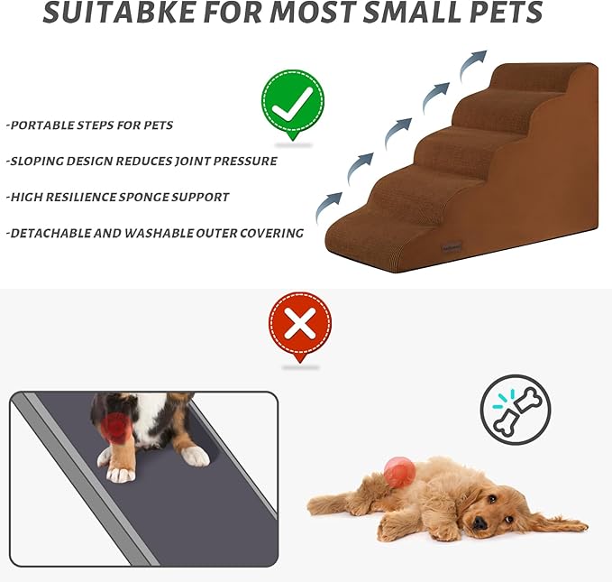 Aodisman 5-Step Dog Stairs and Ramp for High Bed,Non-Slip Sturdy Pet Steps for Small Dogs and Cats,22.2" H,Brown