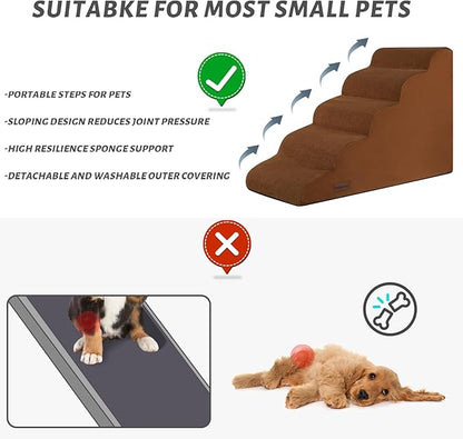 Aodisman 5-Step Dog Stairs and Ramp for High Bed,Non-Slip Sturdy Pet Steps for Small Dogs and Cats,22.2" H,Brown
