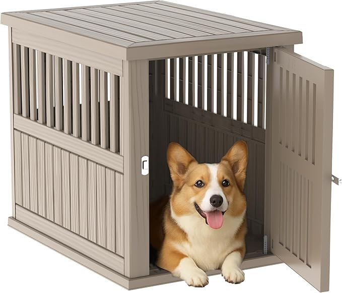DRATO Dog House Resin Dog Crate Furniture Weatherproof Functional End Table for Indoor Living Spaces & Outdoor Patios(Light Brown, Medium Size(29.65 * 21.34 * 25.28))