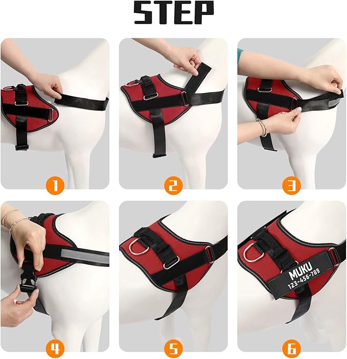 MUMUPET Custom Dog Harness Vest with 2 Personalized Name & Phone Patches, No Pull Reflective Adjustable with Handle, Soft Breathable Padding for Large Dogs (Red, L)