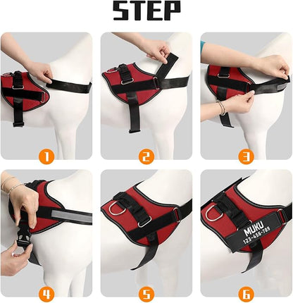 MUMUPET Custom Dog Harness Vest with 2 Personalized Name & Phone Patches, No Pull Reflective Adjustable with Handle, Soft Breathable Padding for Large Dogs (Red, L)