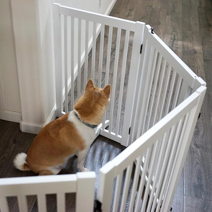 WELLAND Wooden Freestanding Pet Gate, 4 Panel 24 Inch Step Over Fence, Expands Up to 80" Wide, Foldable Indoor Dog Gate Puppy Safety Fence, White