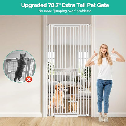 78.7 inch Extra Tall Pet Gates for Cats Dogs, Adjustable 27.5" ~ 37.4" Wide Cat Gate, Pressure Mounted Full Door Pet Gate for Doorway, Stairs,House(White, 78.7")