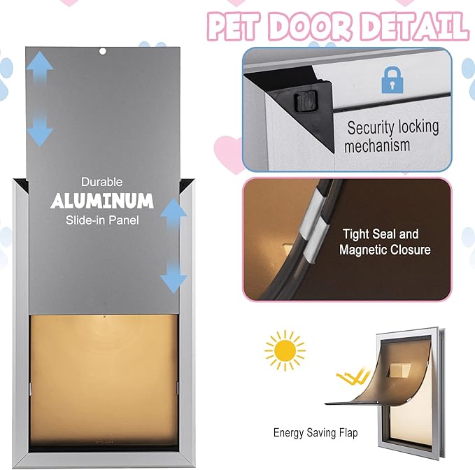 SmarketBuy Aluminium Extra Large Dog Door 17.5" W x 27.7" H Weatherproof Aluminum Frame Pet Door with Sliding Lock Panel Easy to Install Durable Magnetic Double Flaps Pet Door for Dogs Up to 220LBS