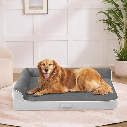 Dog Bed Large Sized Dogs, XL Orthopedic Dog Bed for Large Dogs 42"x30"x7.5", Waterproof Pet Bed with Washable Removable Cover, L-Shaped Pet Couch with Portable Handle, Grey Flannel