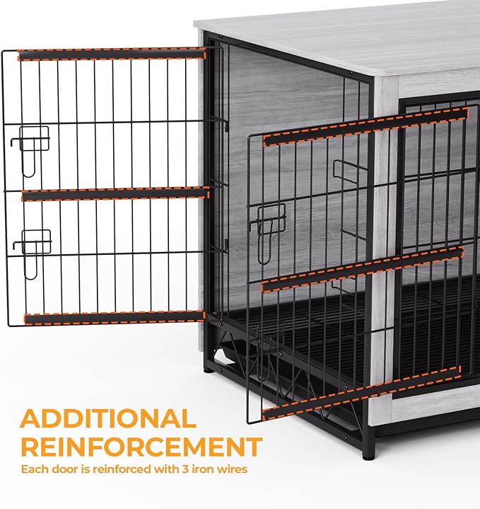 TLSUNNY Dog Crate Furniture, 44.1" Wooden Dog Kennel Indoor with 2 Doors, Heavy-Duty Dog Cage with Removable Tray, End Side Table, Modern Dog House for Large/Medium/Small Dogs, Grey