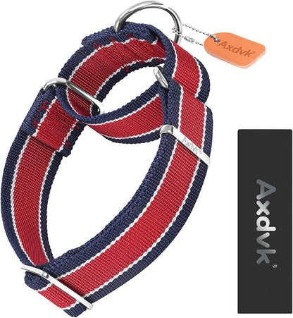 Martingale Collar 1.5 Inch Wide 1600D Extra Strong Anti Escape Nylon Dog Collar, No Pull Heavy Duty Pet Collars with 3-Color Stripe for Large to XLarge Dogs (XL, Red & Navy Blue)