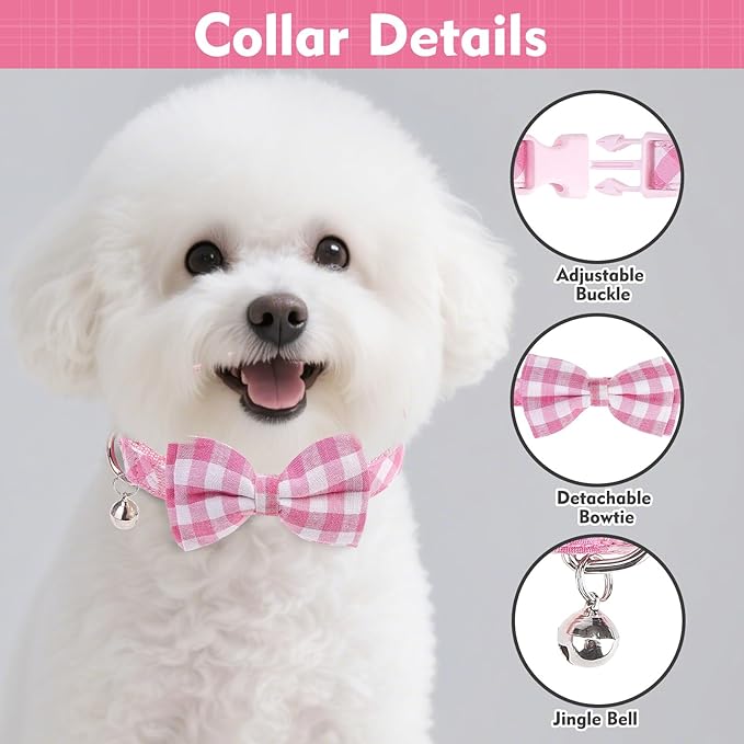 EXPAWLORER Cute Dog Harness Collar Leash Set - Pink Girl Dog Harness Checkered Step-in Design, Detachable Bow Pet Collar, Adjustable No-Choke Lightweight Mesh Vest for Cats Puppy Small Dogs, S
