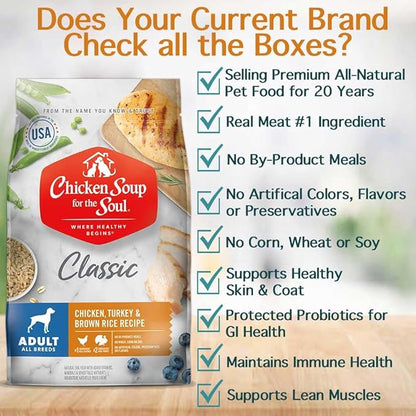 Chicken Soup for The Soul All Natural Premium Adult Dry Dog Food, Real Meat First Ingredient, No by-Products, Supports Gut & Immune Health, Chicken, Turkey & Brown Rice, 40lb