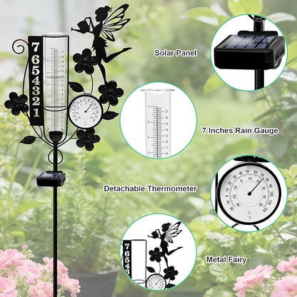 YJFWAL Fairy Rain Gauge Outdoor, Decorative Metal Number Solar Rain Gauge with LED Light and Thermometer, Garden Decor for Yard, Lawn, Pathway, Farm