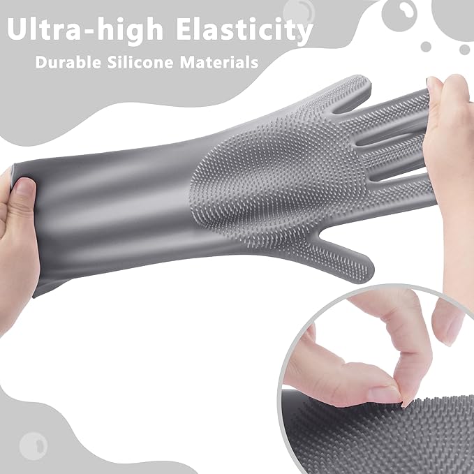 Pet Grooming Gloves—Heat Resistant Dog Washing Gloves with High-Density Teeth, Dog Bath Scrubber with Enhanced Five Finger Design, Silicone Gloves for Dogs and Cats Bathing, Massage (Gray)