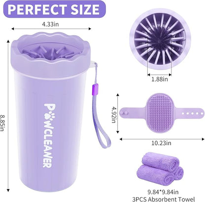 Professional 7 in 1 Dog Paw Cleaner for Dogs & Cats - Includes 1 Portable Paw Washer, 1 Bath Brush, 2 Dog Toothbrushes and 3 Absorbent Towels Note: Fits Paws 2.5 to 3.5 Inches Wide (Large, Purple)