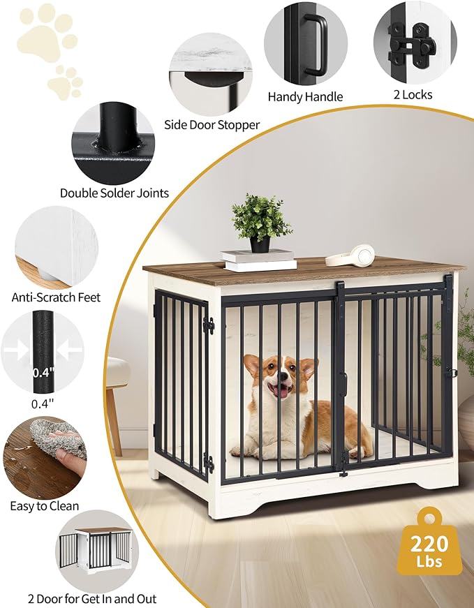 Hzuaneri 31.9" Dog Crate Furniture with Barn Door, Heavy Duty Dog Kennel Indoor with 2 Doors, Wooden Pet Cage End Table for Small Medium Dogs up to 44 lb, Anti-Chew Anti-Escape, White Brown DFC83614B