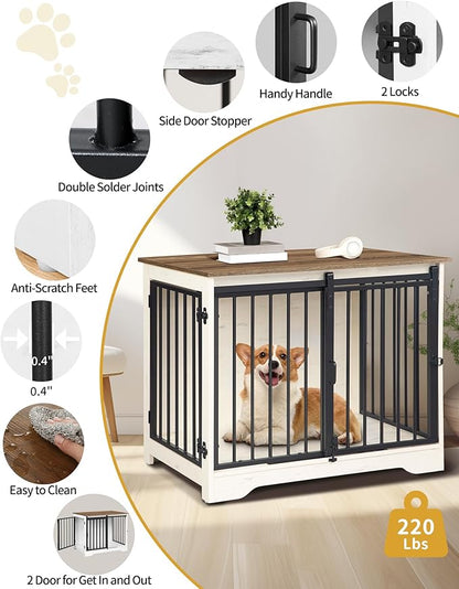 Hzuaneri 31.9" Dog Crate Furniture with Barn Door, Heavy Duty Dog Kennel Indoor with 2 Doors, Wooden Pet Cage End Table for Small Medium Dogs up to 44 lb, Anti-Chew Anti-Escape, White Brown DFC83614B