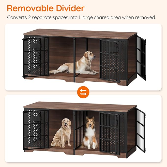 HOOBRO 71" Dog Crate Furniture for 2 Large Dogs, Heavy Duty Indoor Kennel with Removable Divider & Name Tags, TV Stand Cage Furniture for Medium & Large Dogs, Walnut & Black BH84GW03