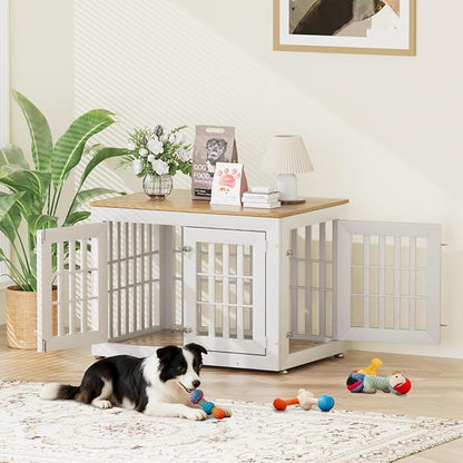 Snuowu 38" Heavy Duty Dog Crate Furniture for Small,Medium and Large Dogs,Rustic Wooden Dog Cage Kennel Indoor Furniture with Waterproof Top,Decorative Pet House Side End Table (White & Wood)