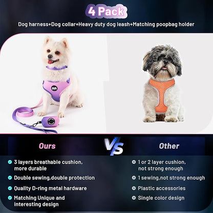 Dog Harness Collar Leash Combo,No Pull Adjustable Vest Cute for Small Puppy Medium Girl/Boy Pets with Poop Bag Holder(XSmall,Purple)