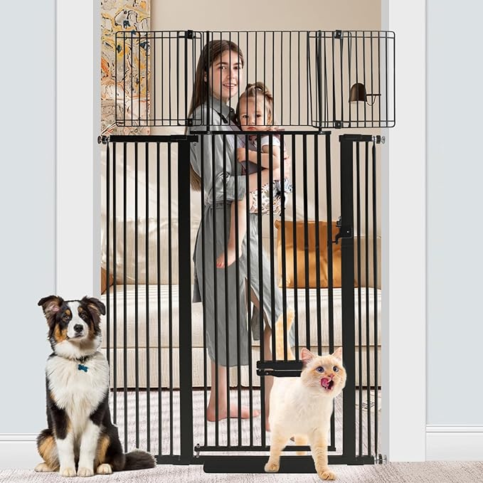 SHYUJAJIE 71 Inch Extra Tall Pet Gate with Small Cat Door, 29.55"-46.06" Adjustable Wide Dog Gate, Tall Cats Gates for Doorway, Stairs, House(Black)