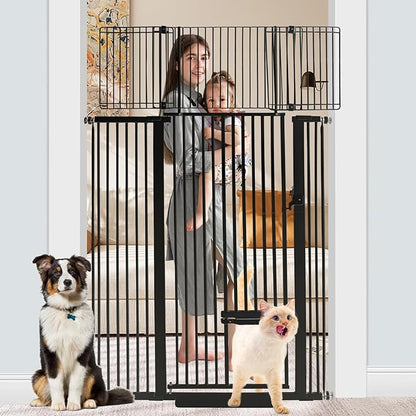 SHYUJAJIE 71 Inch Extra Tall Pet Gate with Small Cat Door, 29.55"-46.06" Adjustable Wide Dog Gate, Tall Cats Gates for Doorway, Stairs, House(Black)