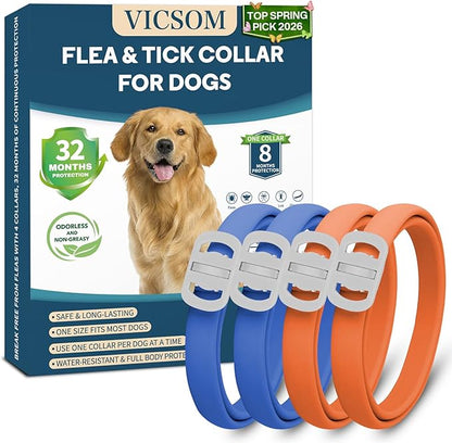 Dog Flea and Tick Collar 4 Pack, Waterproof Adjustable Collar for Dogs and Puppies, 32-Month Prevention, Blue & Orange