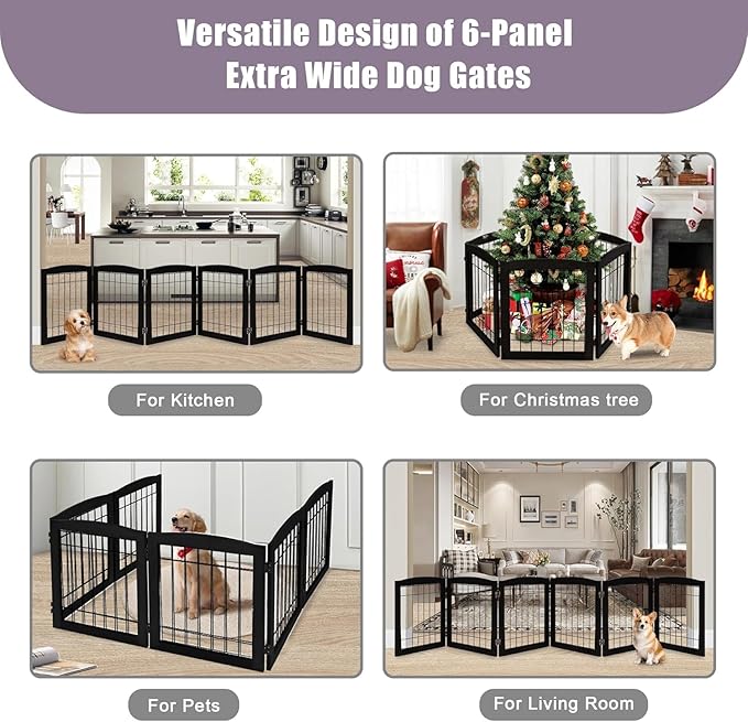LZRS 6-Panel Extra Wide Wooden Freestanding Dog Gate: Foldable Solid Wood and Steel Wire Chew Resistant Safety Barrier for Doorways, Stairs, and Open Long Spaces Indoor Use,Dark Black