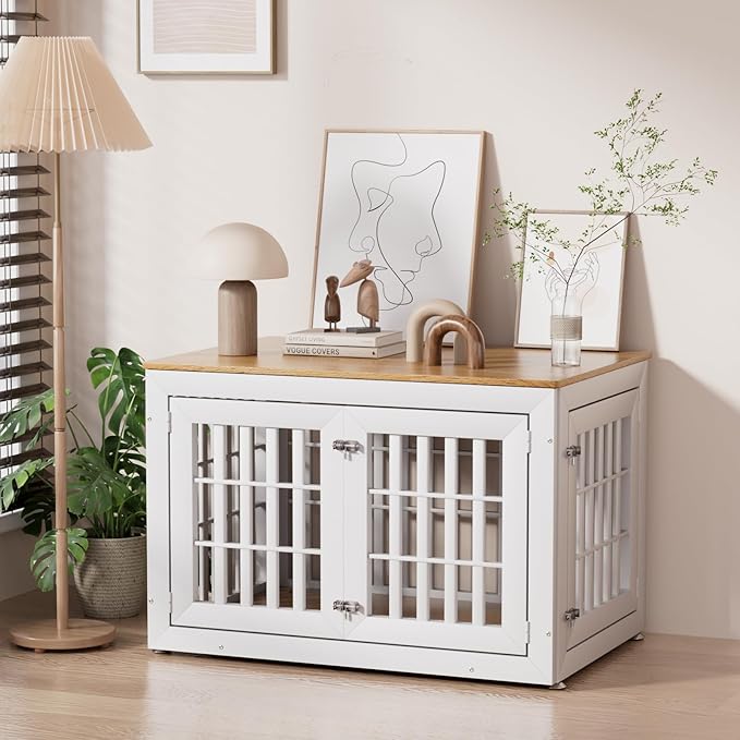 Snuowu 42" Heavy Duty Dog Crate Furniture for Small,Medium and Large Dogs,Rustic Wooden Dog Cage Kennel Indoor Furniture with Waterproof Top,Decorative Pet House Side End Table (White & Wood)