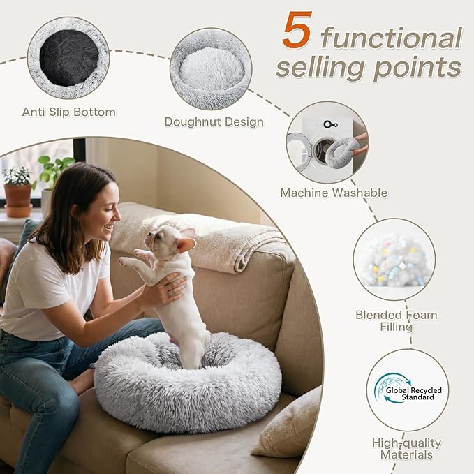 WROS Calming Dog Bed, 24" x 24" x 6" Fits Cat & Dog, Anti-Slip Round Washable Faux Fur for Doze Off, Napping Orthopedic, Grey