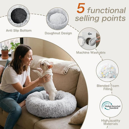WROS Calming Dog Bed, 24" x 24" x 6" Fits Cat & Dog, Anti-Slip Round Washable Faux Fur for Doze Off, Napping Orthopedic, Grey