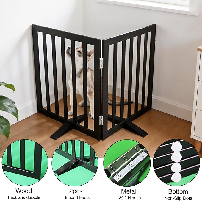 ZJSF Freestanding Indoor Dog Gate for House Foldable Wood Puppy Gate for Doorways Pet Gate for Stairs Extra Wide Pet Fence, Black, 24" Height 2 Panels
