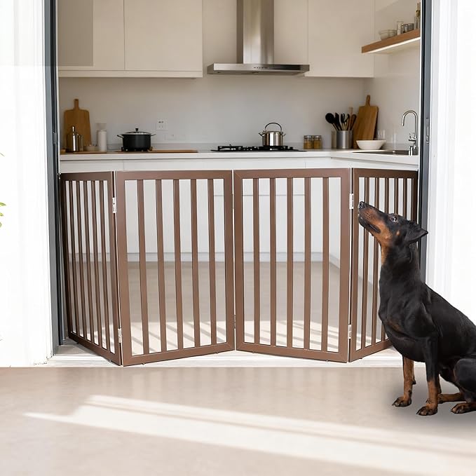 ZJSF Freestanding Indoor Dog Gate for House Foldable Wood Brown Puppy Gate for Doorways Pet Gate for Stairs Extra Wide Pet Fence 32" Height 4 Panels
