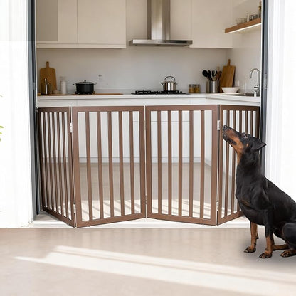 ZJSF Freestanding Indoor Dog Gate for House Foldable Wood Brown Puppy Gate for Doorways Pet Gate for Stairs Extra Wide Pet Fence 32" Height 4 Panels