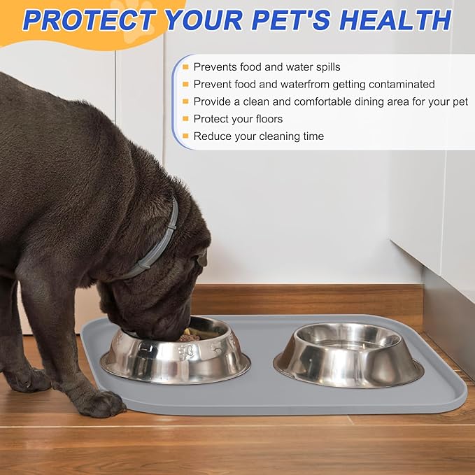 SMILOOL Silicone Pet Feeding Mat with Raised Edge for Food and Water, Dog Bowl Mats, Cat Bowls Placemat with High Lip for Floor Waterproof, Rubber Tray for Cats and Dogs 19 x 12 x0.7 Light Gray